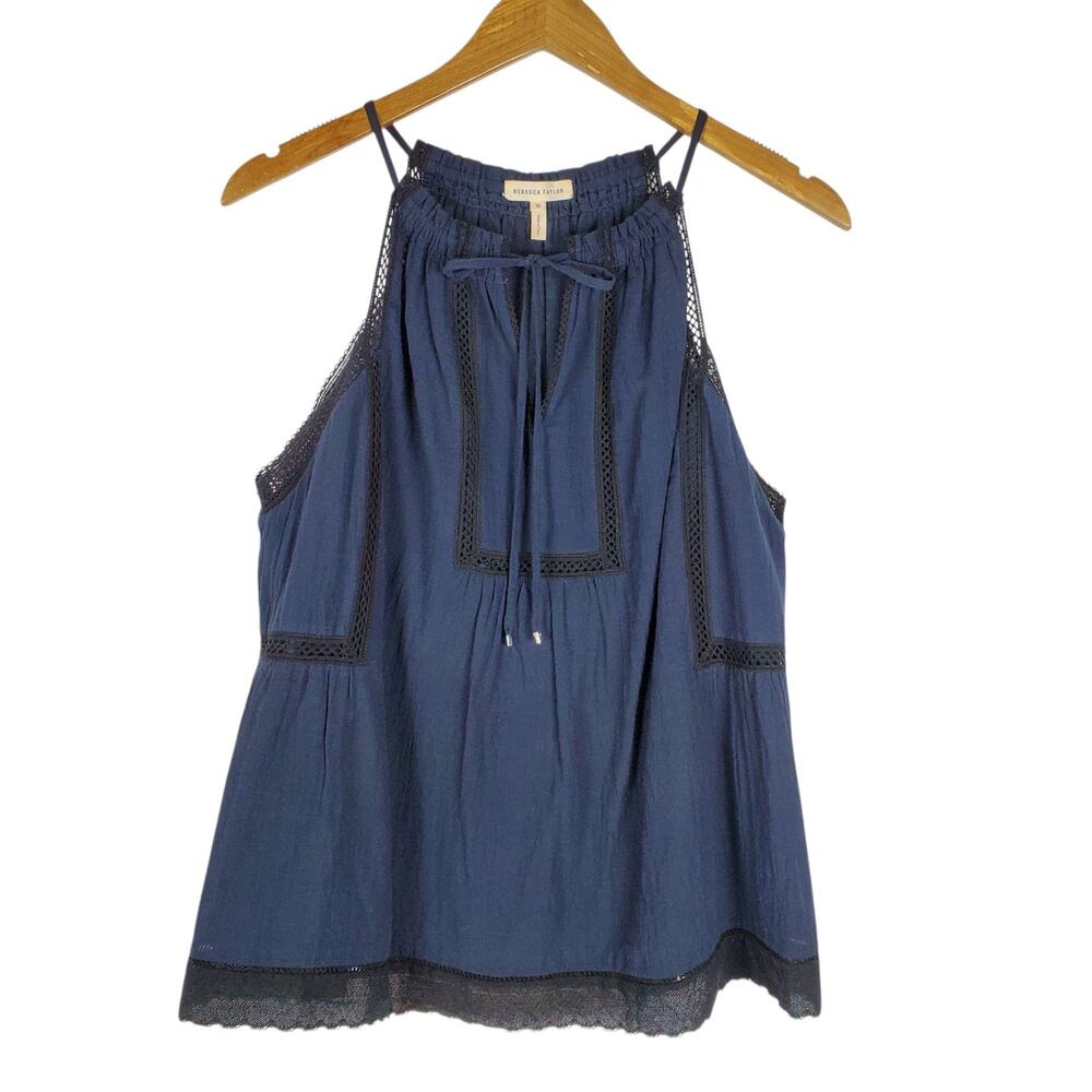 Rebecca Taylor Sleeveless Voile Lace Top Size 10 Blue Black Cotton Lined Blouse